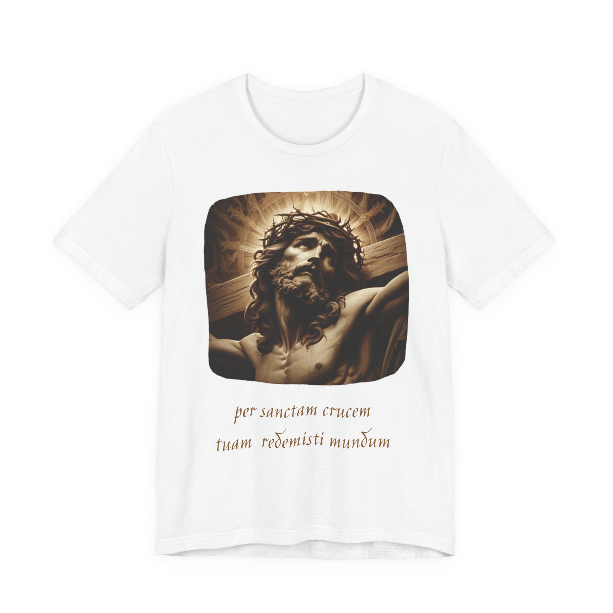 Christian Jesus Crucifixion T-Shirt — Latin "Per Sanctam Crucem" Design