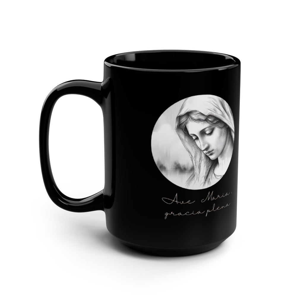 Black 15oz Mug — 'Fiat mihi secundum verbum tuum' Latin Prayer Coffee Mug