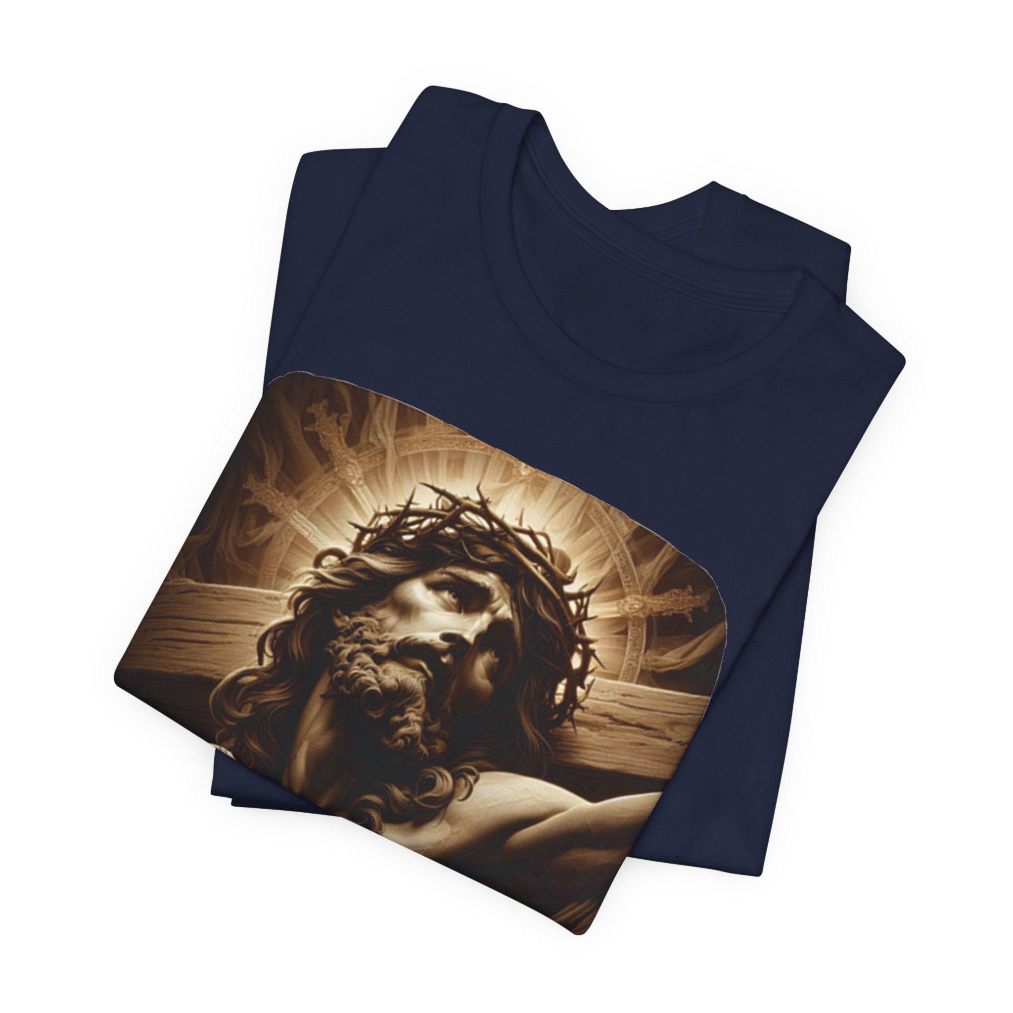 Christian Jesus Crucifixion T-Shirt — Latin "Per Sanctam Crucem" Design