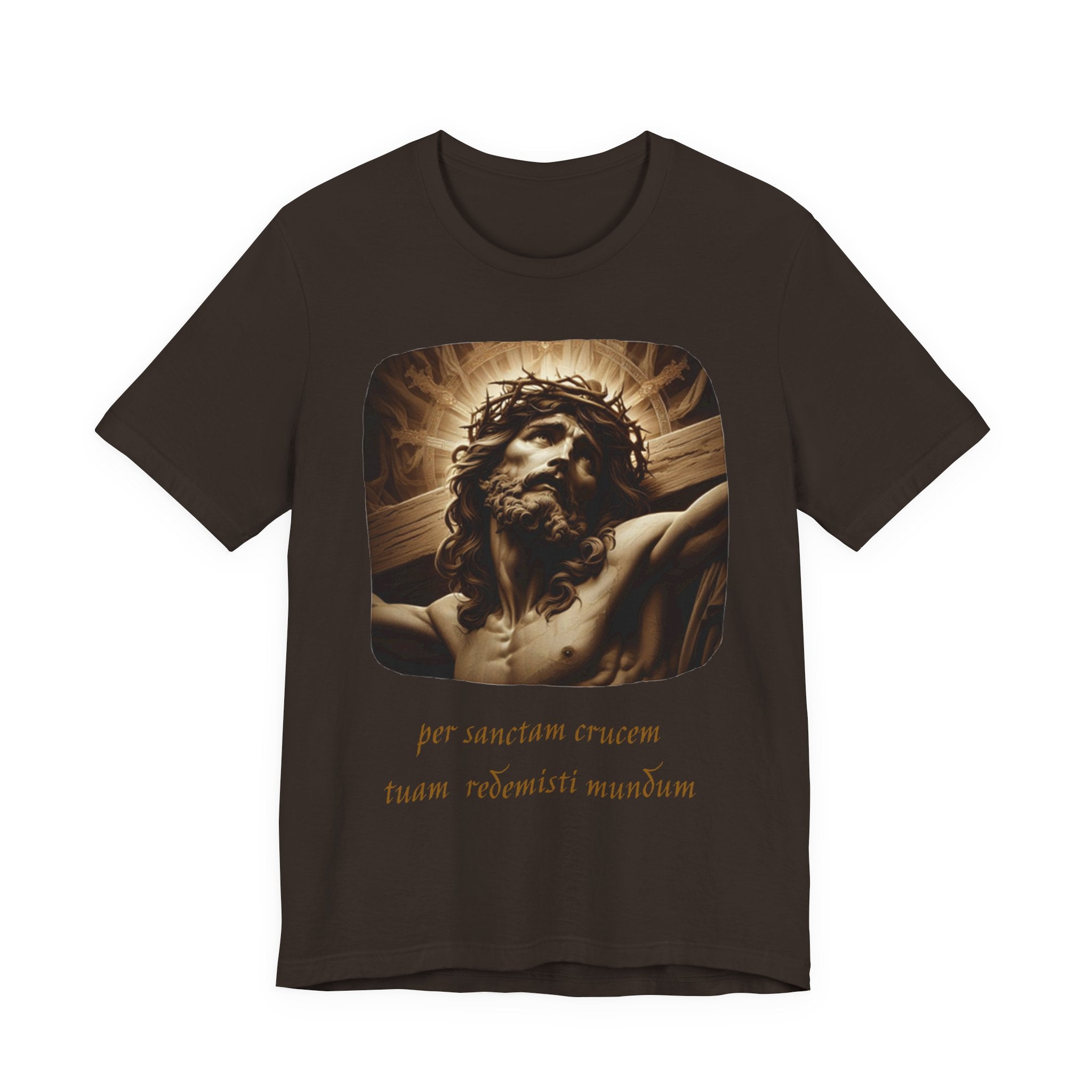 Christian Jesus Crucifixion T-Shirt — Latin "Per Sanctam Crucem" Design