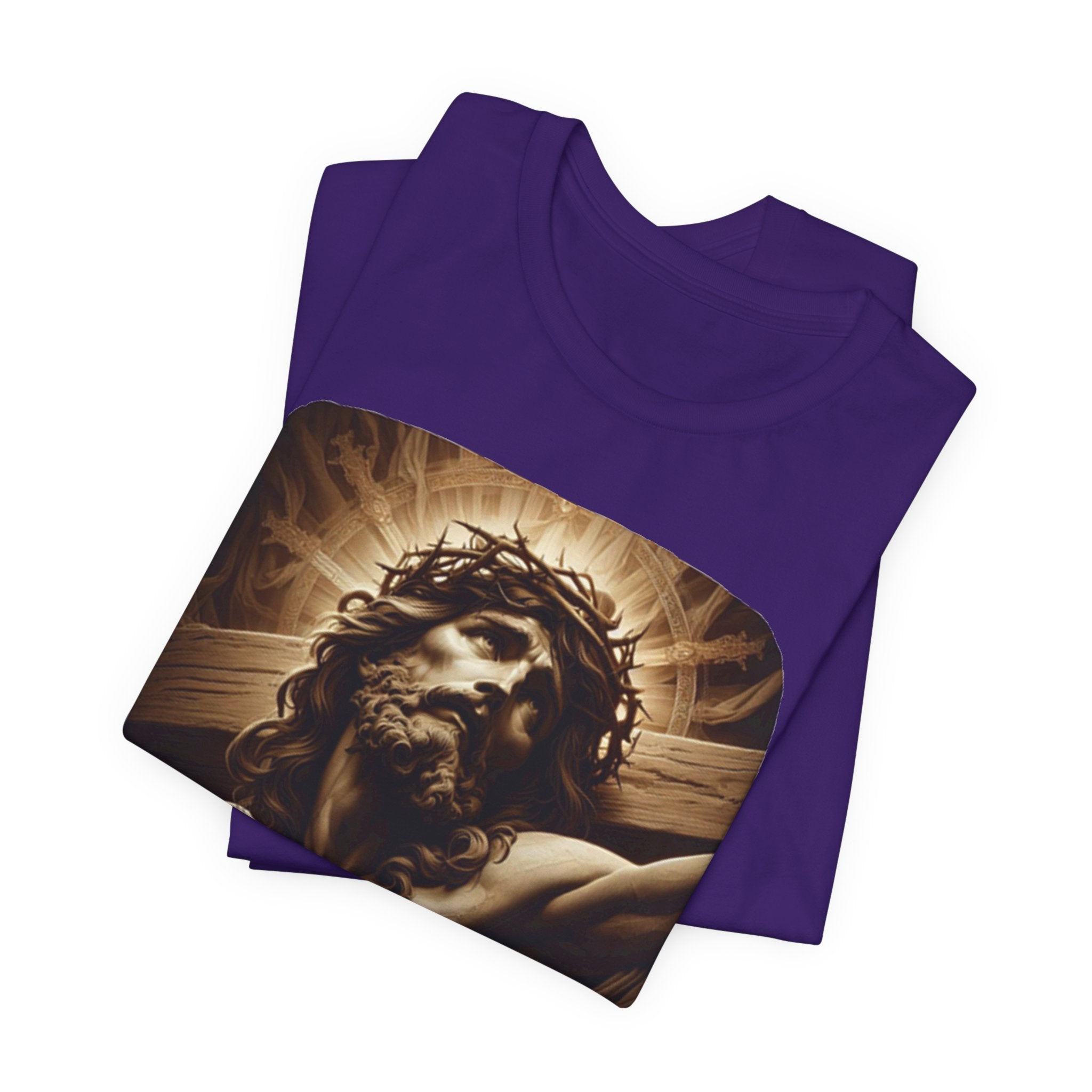 Christian Jesus Crucifixion T-Shirt — Latin "Per Sanctam Crucem" Design