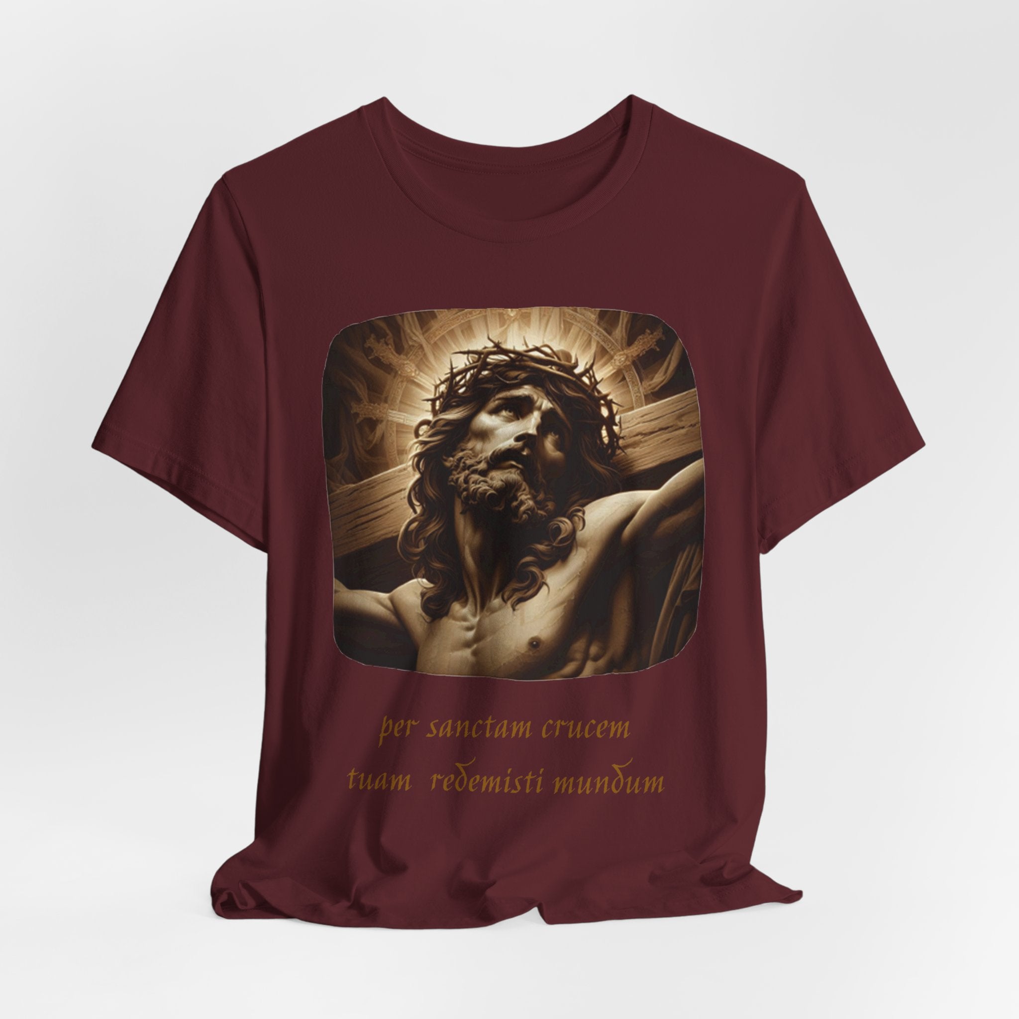 Christian Jesus Crucifixion T-Shirt — Latin "Per Sanctam Crucem" Design