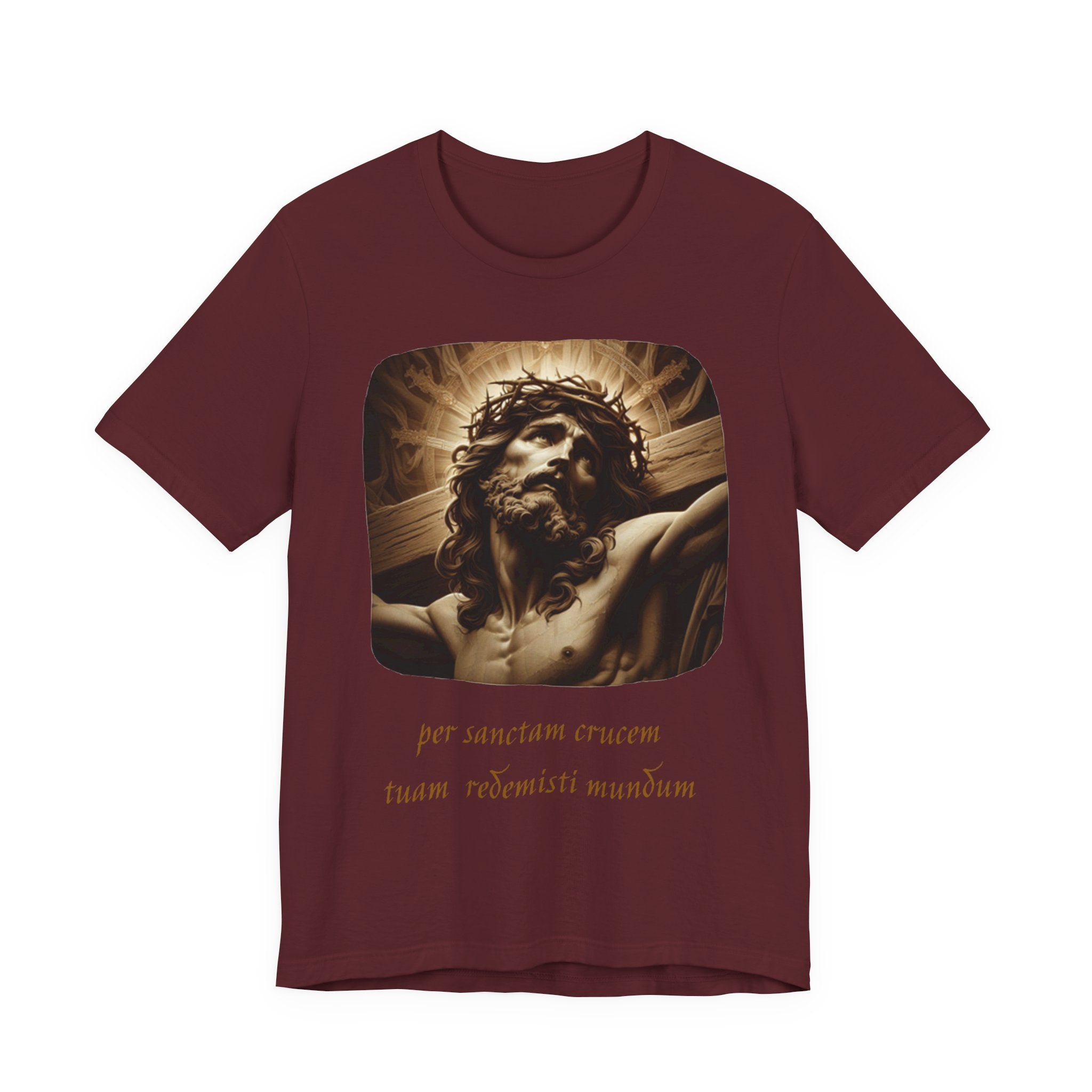 Christian Jesus Crucifixion T-Shirt — Latin "Per Sanctam Crucem" Design