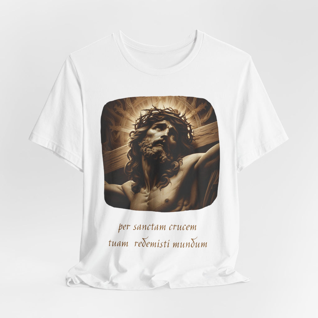 Christian Jesus Crucifixion T-Shirt — Latin "Per Sanctam Crucem" Design