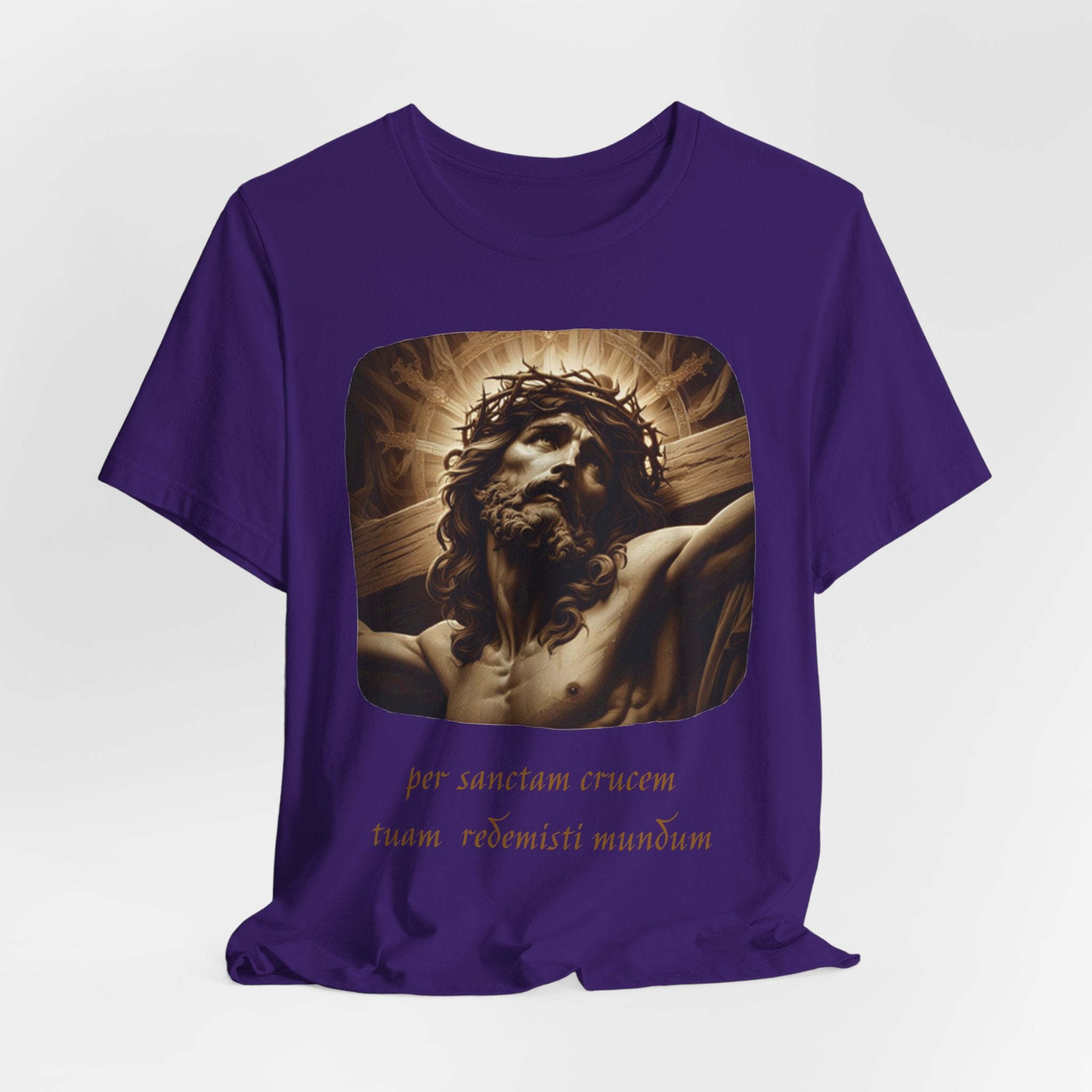 Christian Jesus Crucifixion T-Shirt — Latin "Per Sanctam Crucem" Design