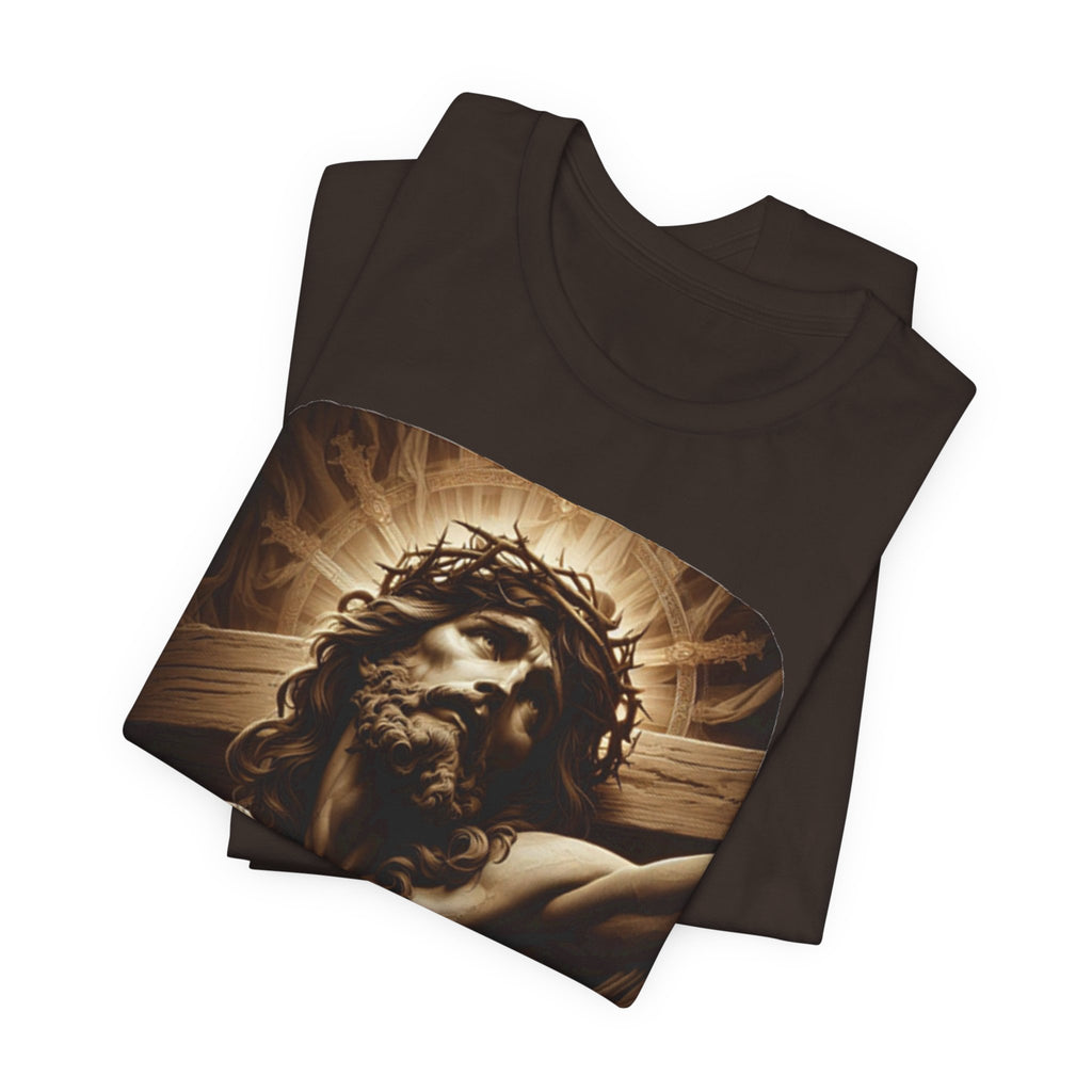 Christian Jesus Crucifixion T-Shirt — Latin "Per Sanctam Crucem" Design