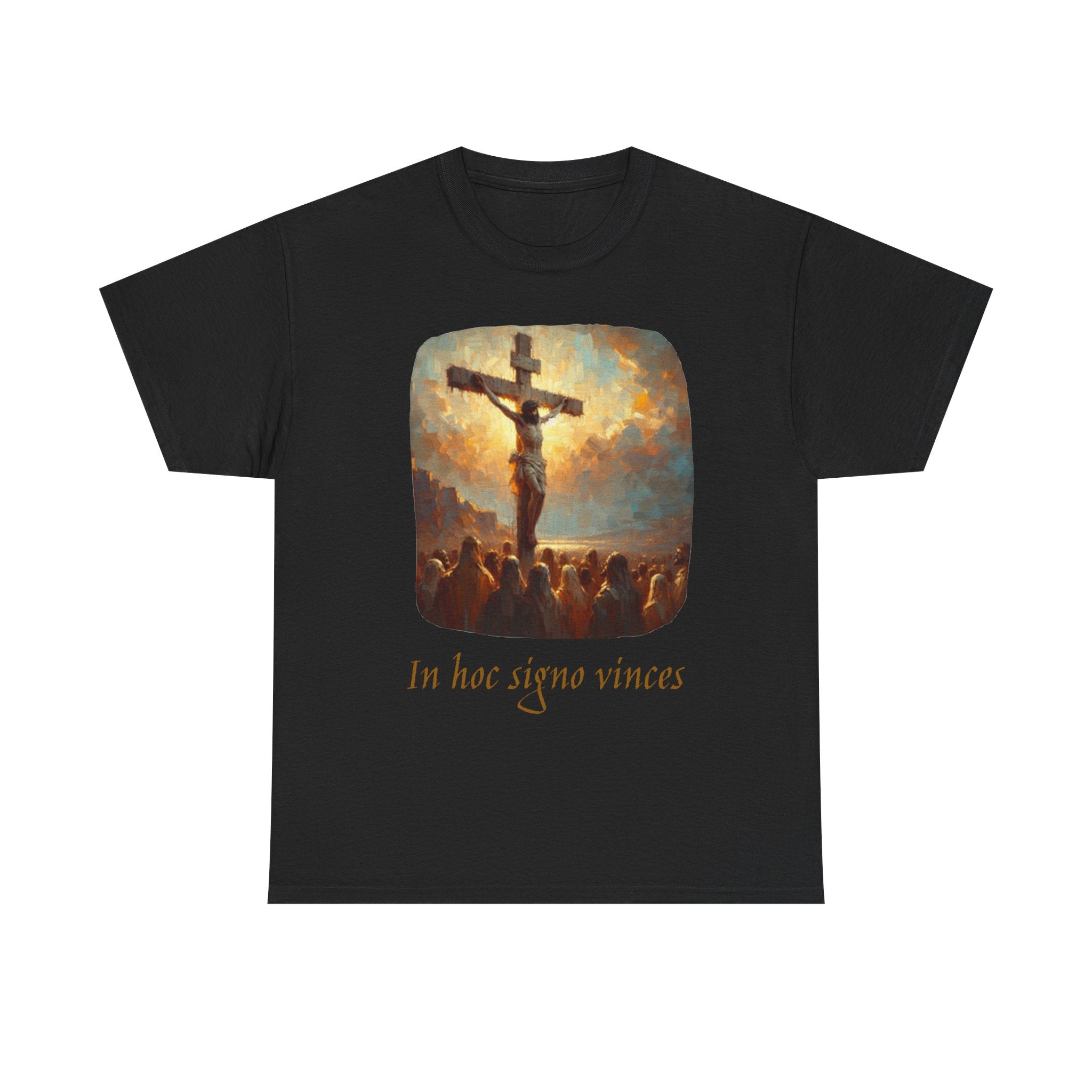 Crucifixion Art Tee — "In Hoc Signo Vinces" Religious Graphic T‑Shirt