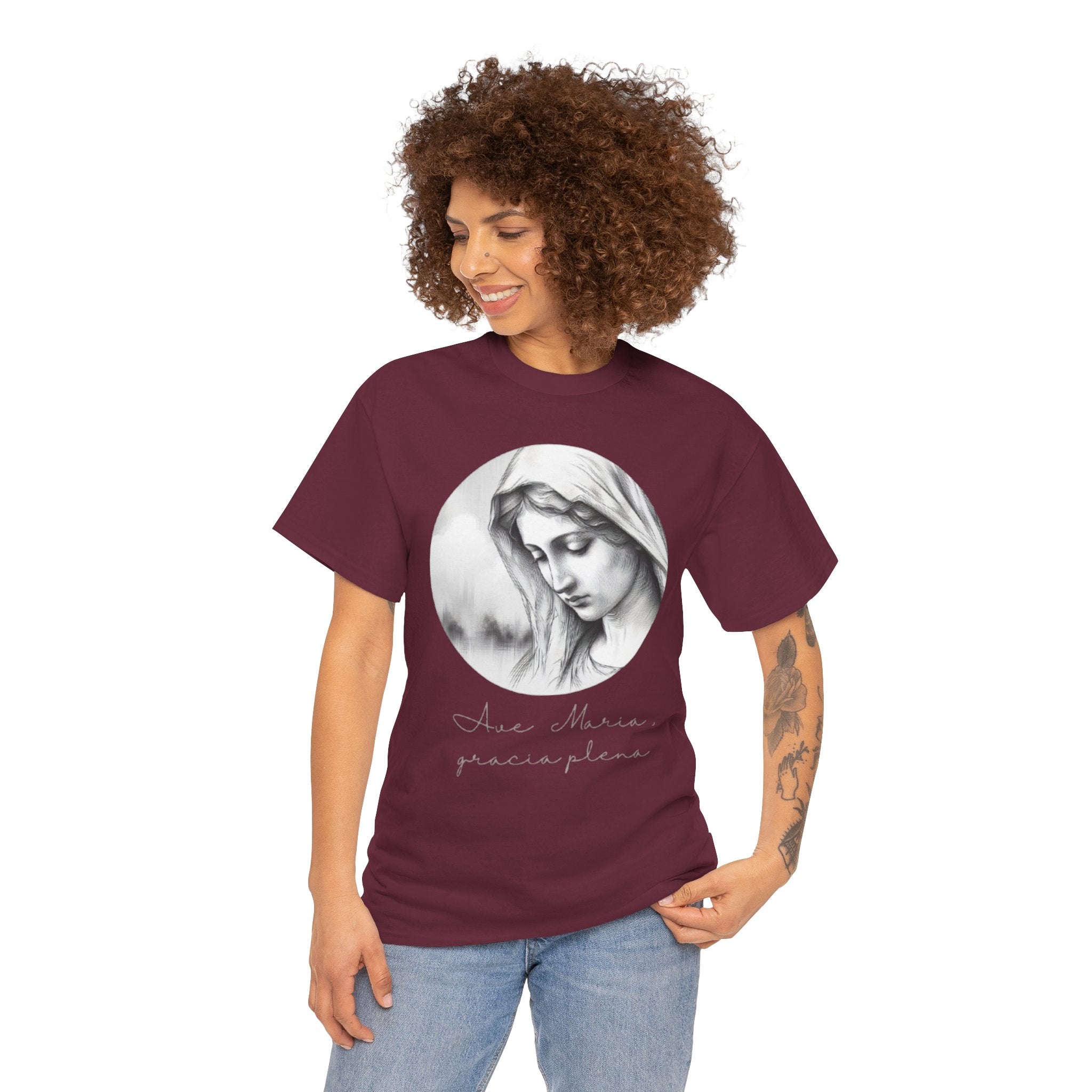 T-Shirt — Vintage Madonna Portrait Tee with 'Ave Maria' Script