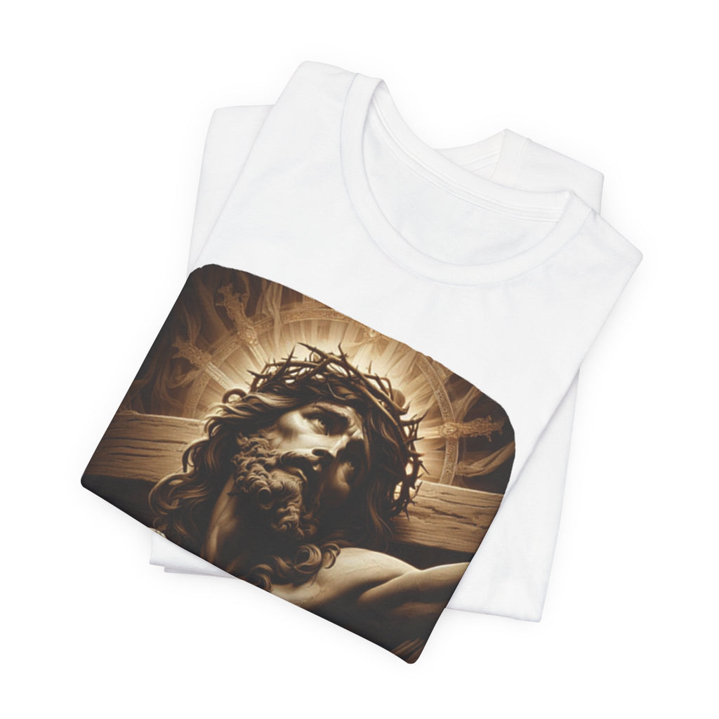 Christian Jesus Crucifixion T-Shirt — Latin "Per Sanctam Crucem" Design