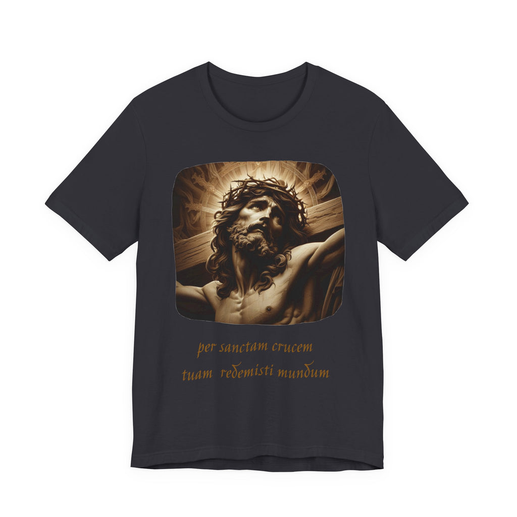 Christian Jesus Crucifixion T-Shirt — Latin "Per Sanctam Crucem" Design