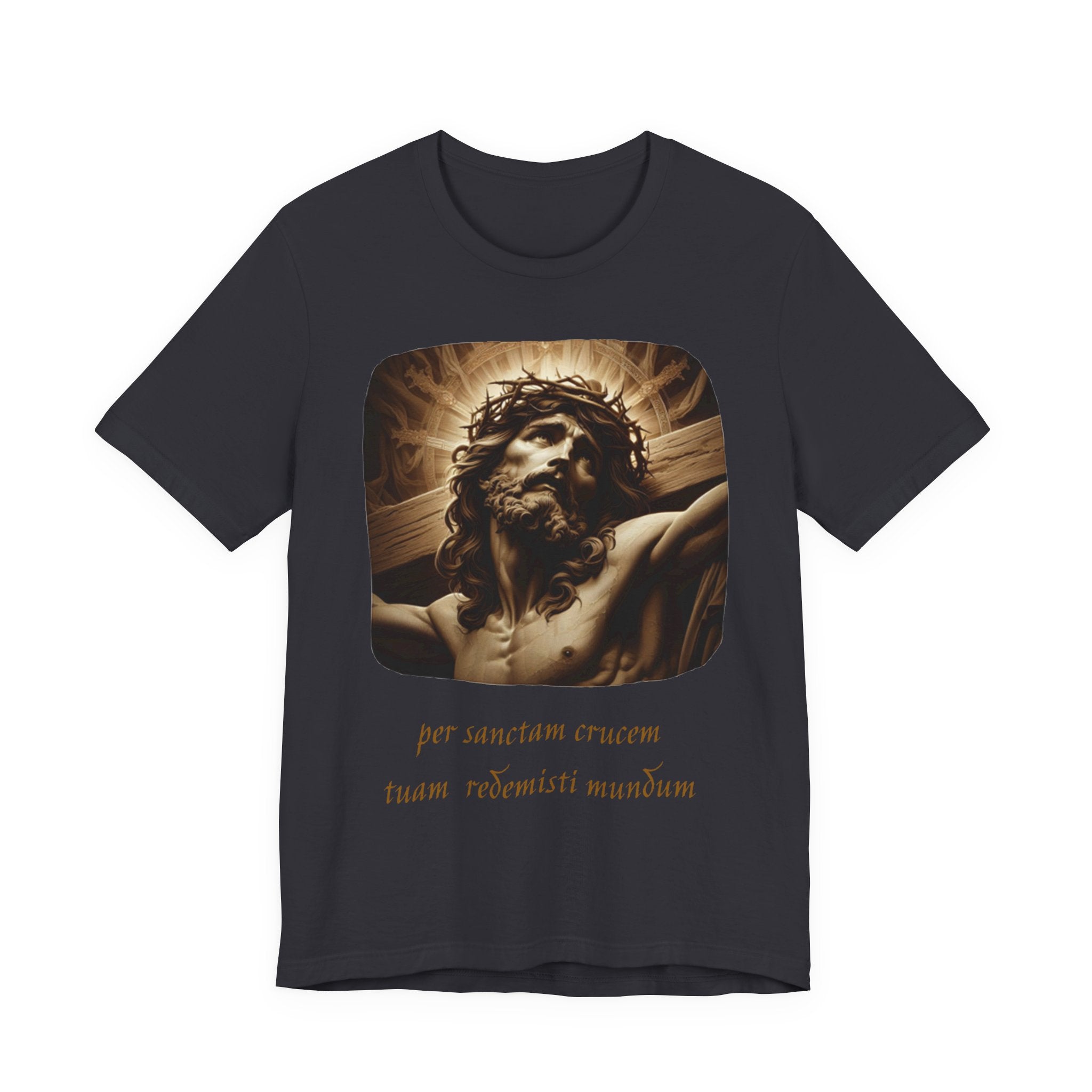 Christian Jesus Crucifixion T-Shirt — Latin "Per Sanctam Crucem" Design