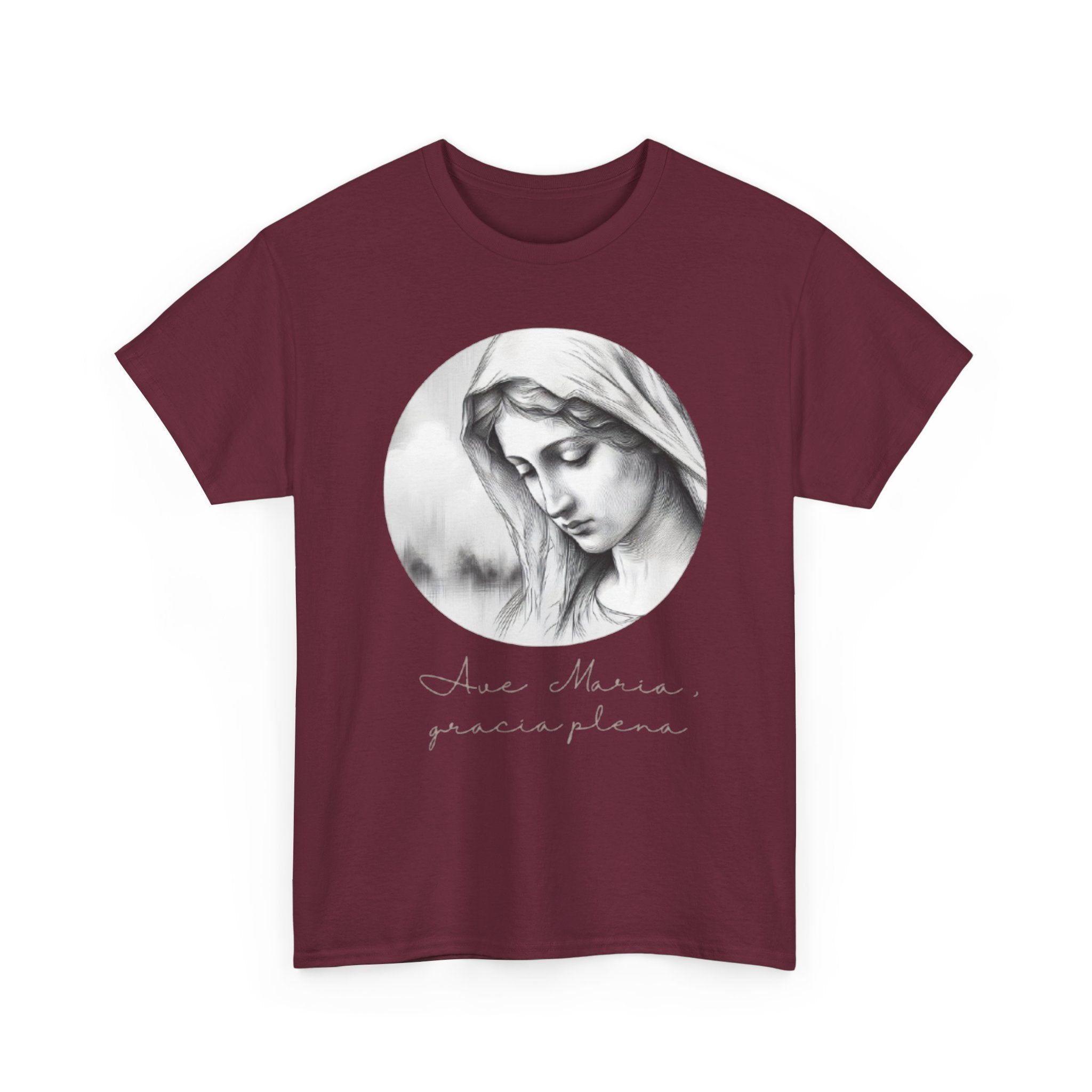 T-Shirt — Vintage Madonna Portrait Tee with 'Ave Maria' Script