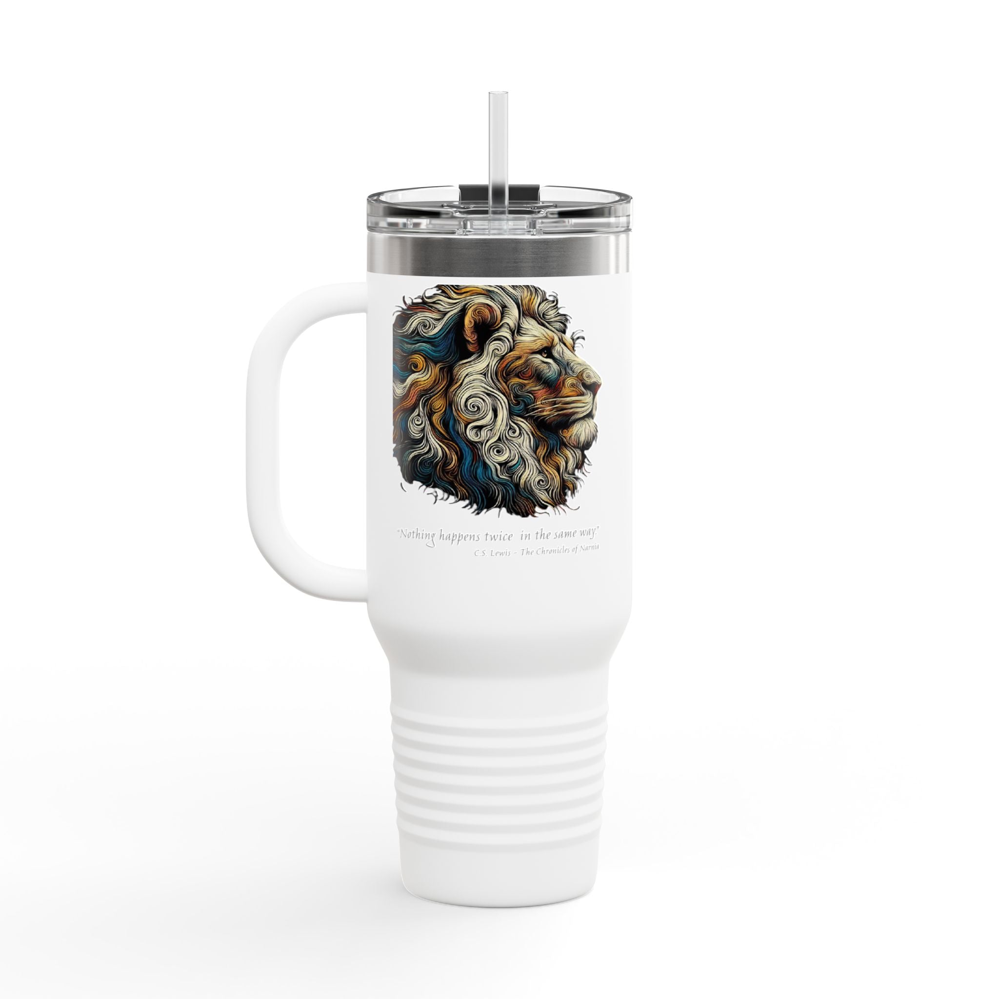 40oz Insulated Travel Mug — Colorful Lion Art with Inspirational Quote
