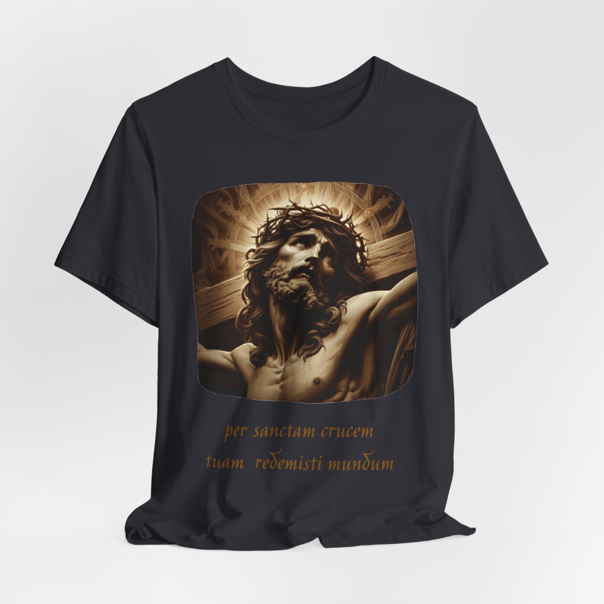 Christian Jesus Crucifixion T-Shirt — Latin "Per Sanctam Crucem" Design