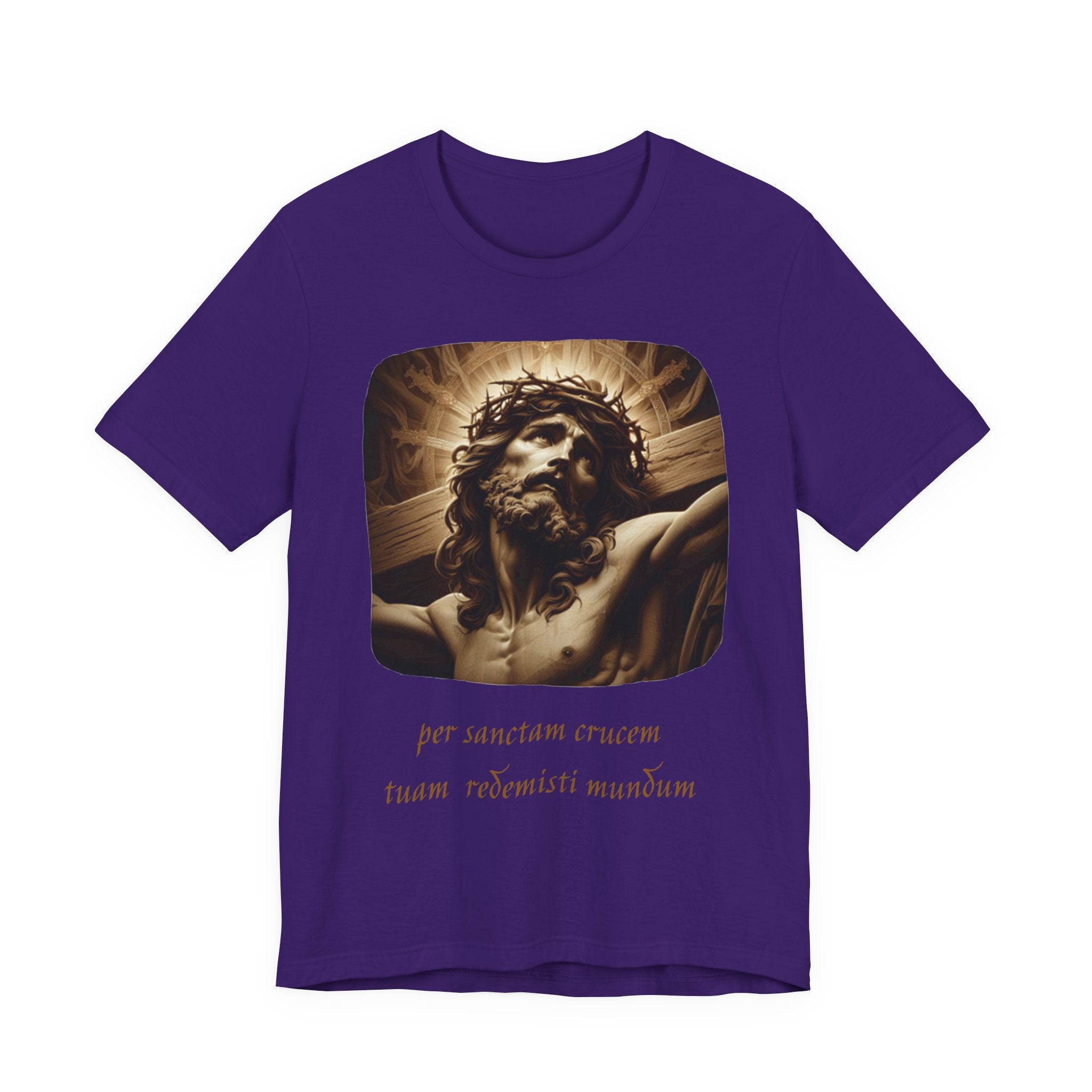 Christian Jesus Crucifixion T-Shirt — Latin "Per Sanctam Crucem" Design