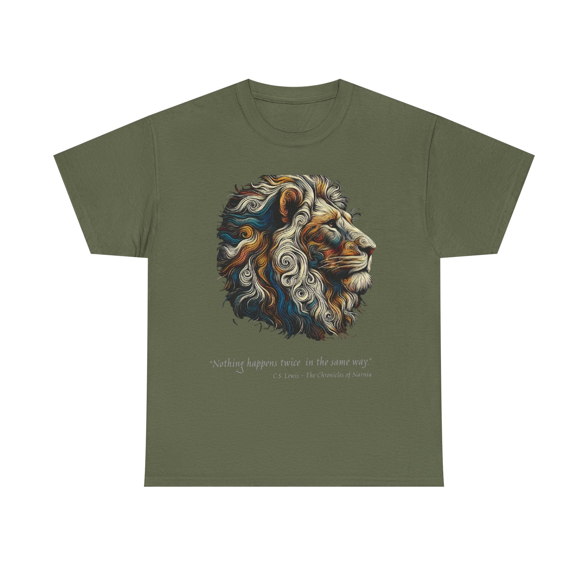 Lion Portrait Tee — 'Nothing Happens Twice in the Same Way' Inspirational Graphic T-Shirt