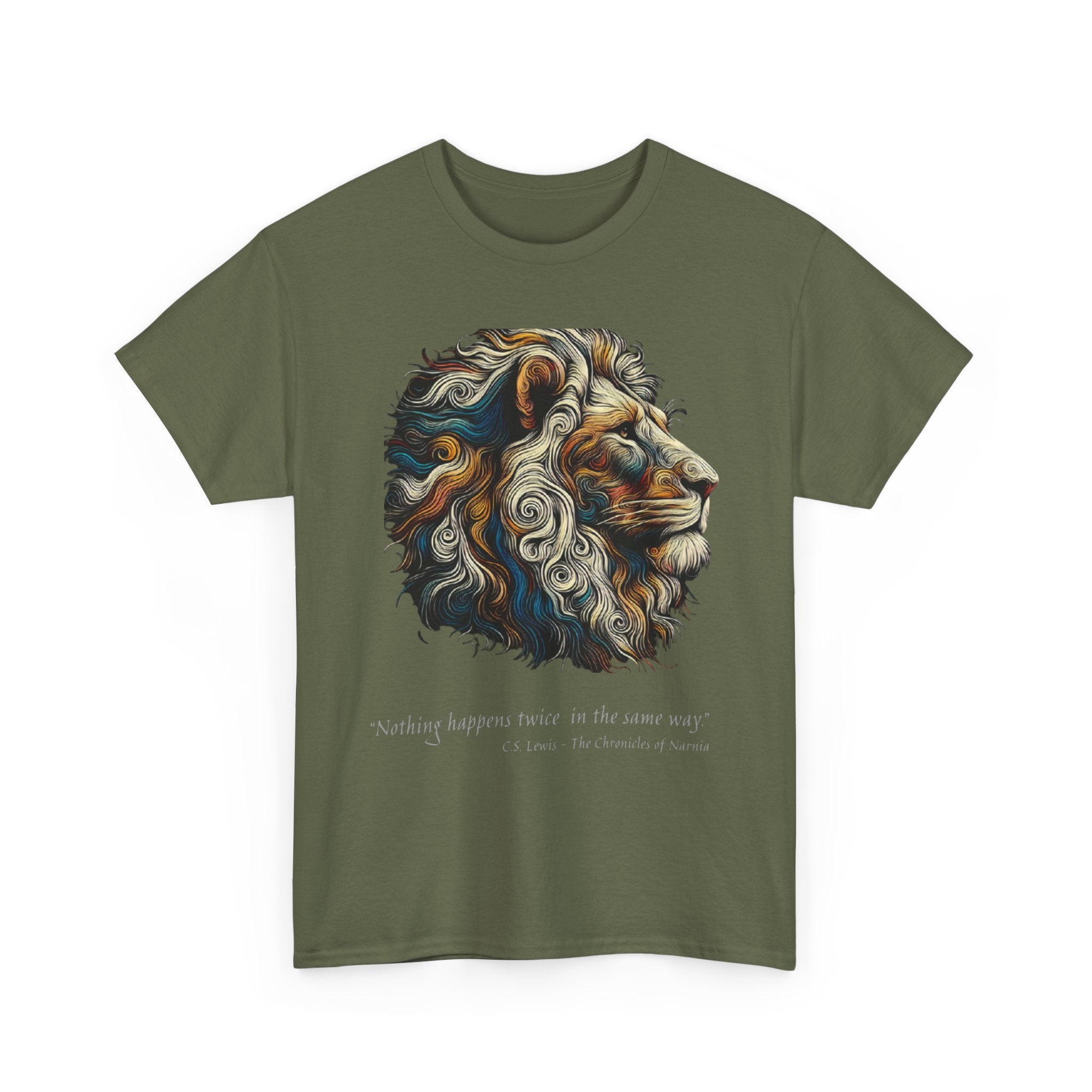 Lion Portrait Tee — 'Nothing Happens Twice in the Same Way' Inspirational Graphic T-Shirt