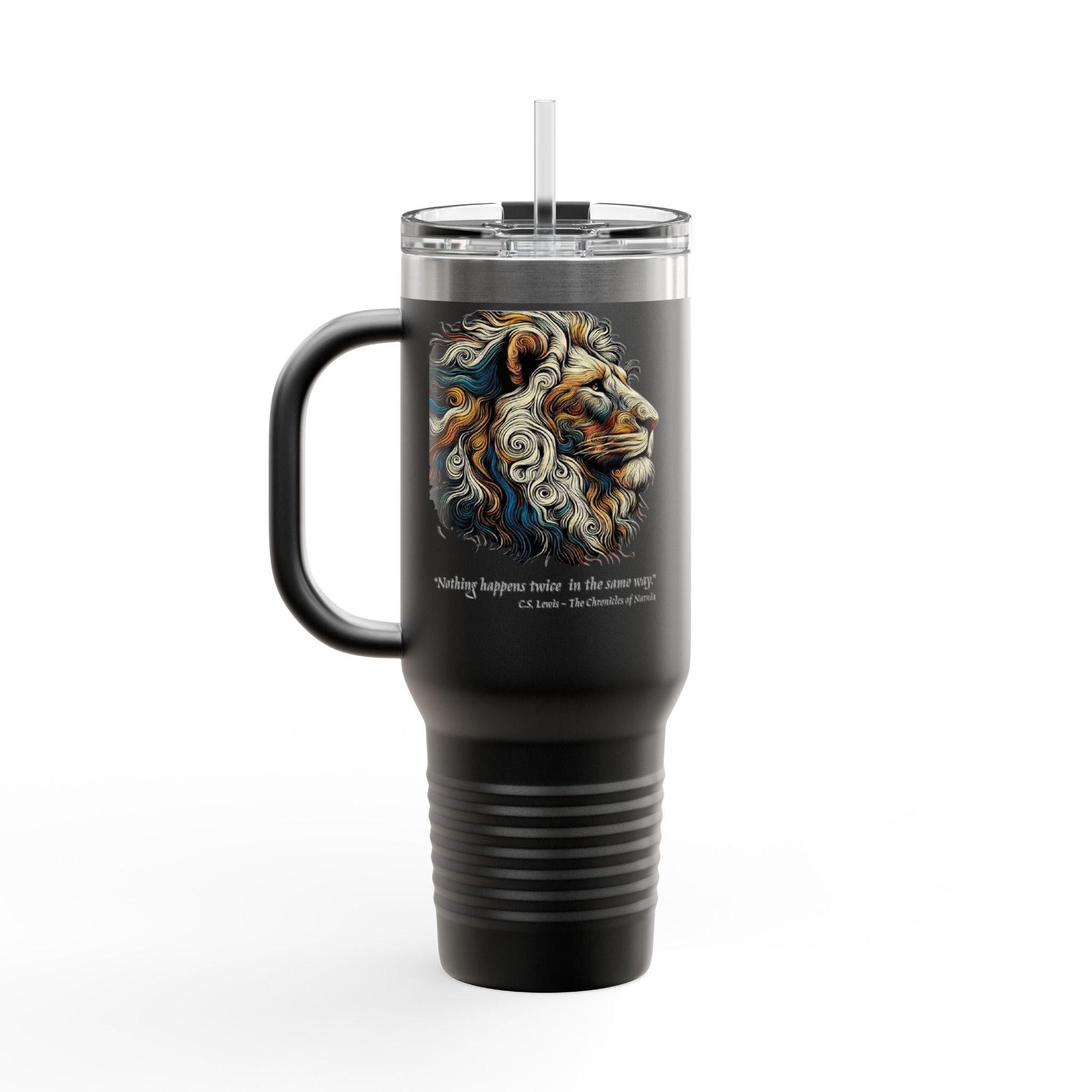 40oz Insulated Travel Mug — Colorful Lion Art with Inspirational Quote