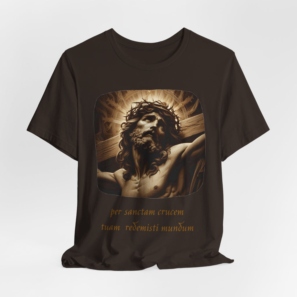 Christian Jesus Crucifixion T-Shirt — Latin "Per Sanctam Crucem" Design