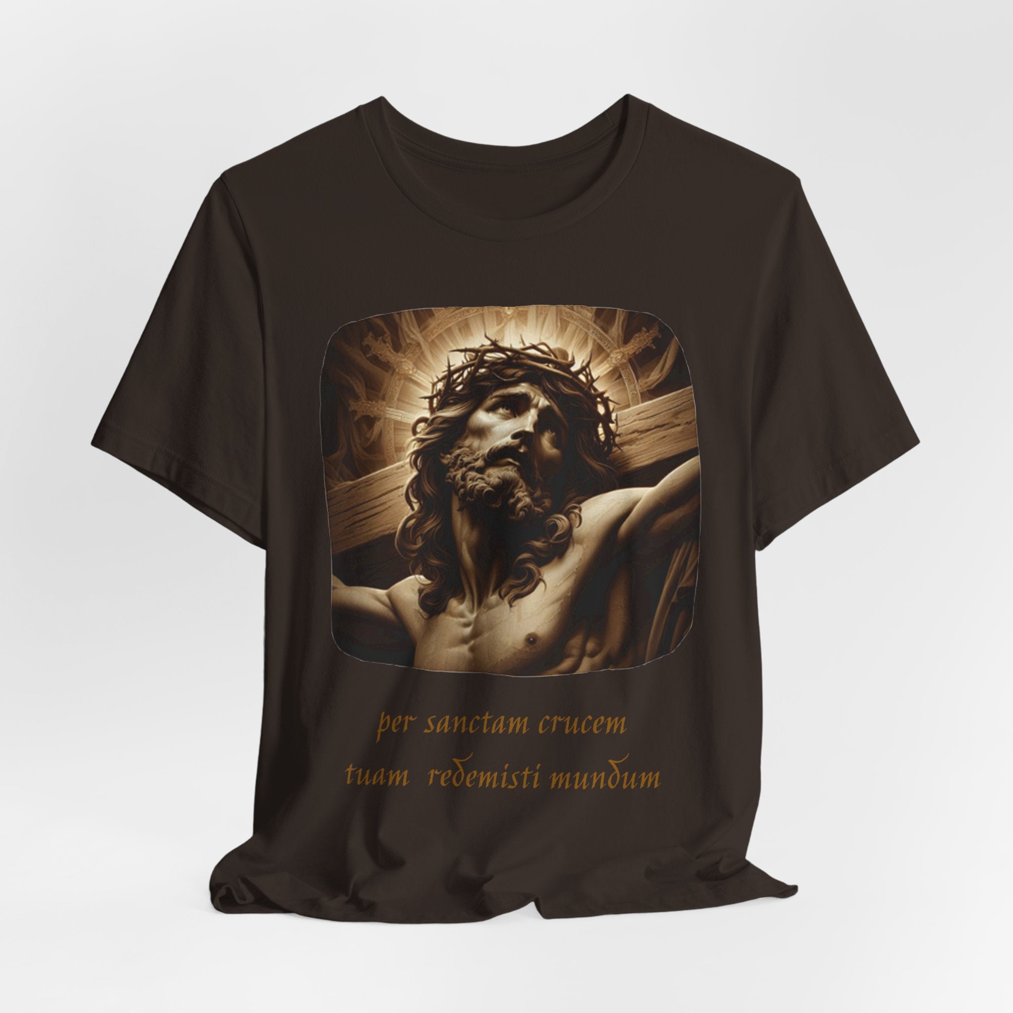 Christian Jesus Crucifixion T-Shirt — Latin "Per Sanctam Crucem" Design