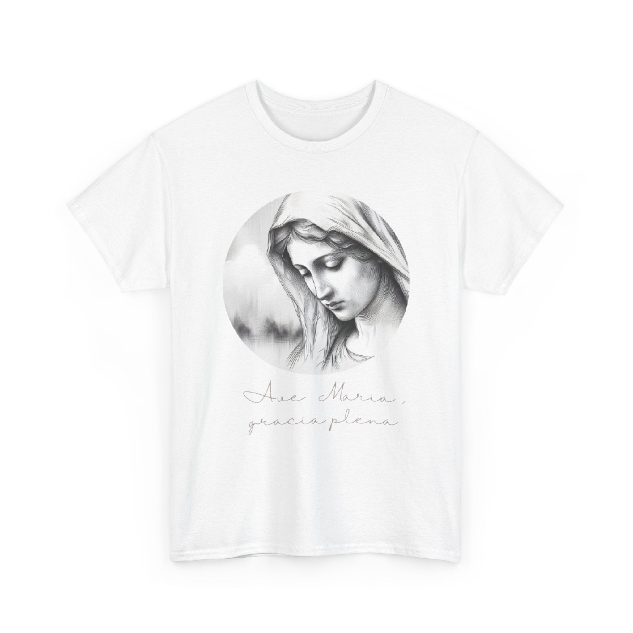 T-Shirt — Vintage Madonna Portrait Tee with 'Ave Maria' Script