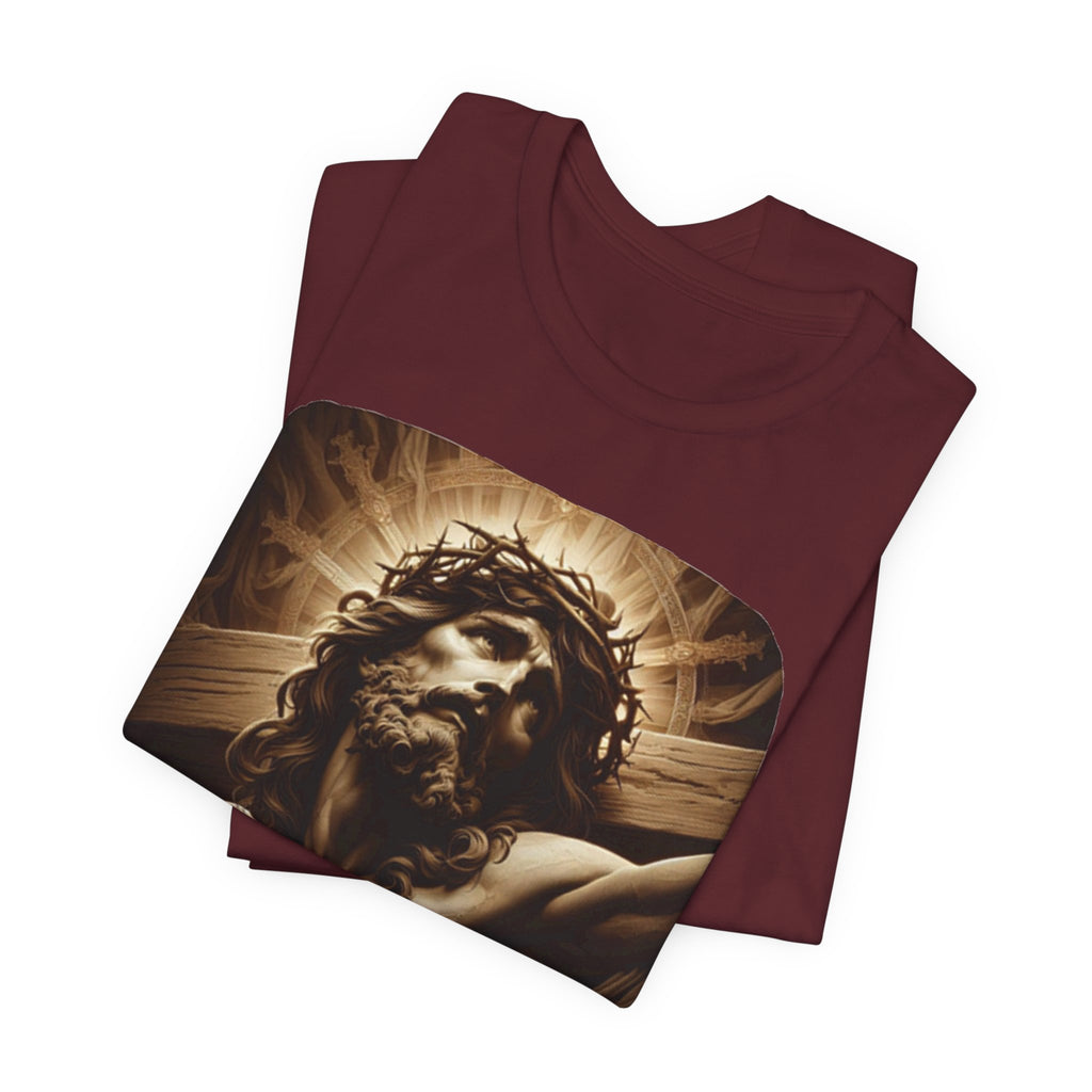 Christian Jesus Crucifixion T-Shirt — Latin "Per Sanctam Crucem" Design