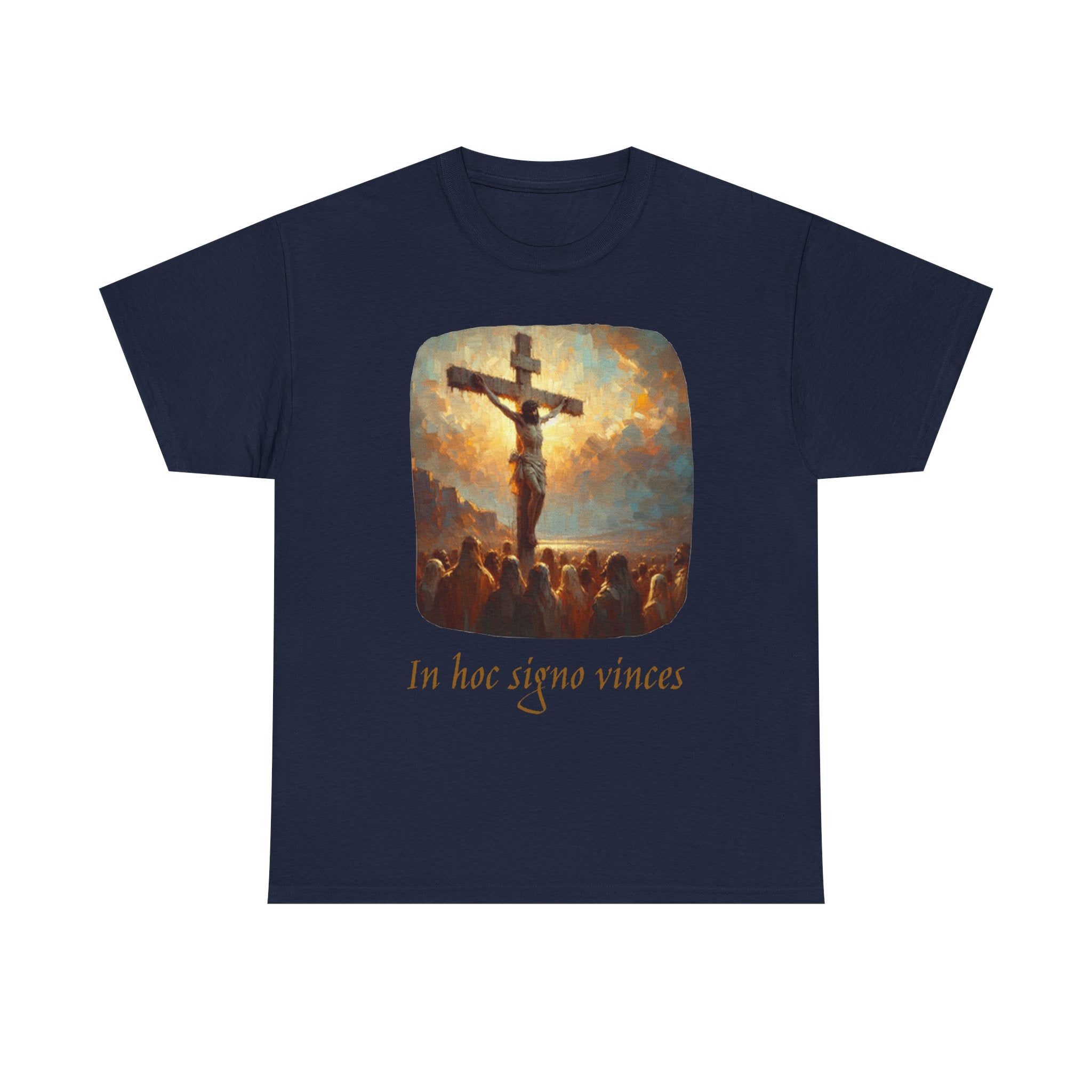 Crucifixion Art Tee — "In Hoc Signo Vinces" Religious Graphic T‑Shirt