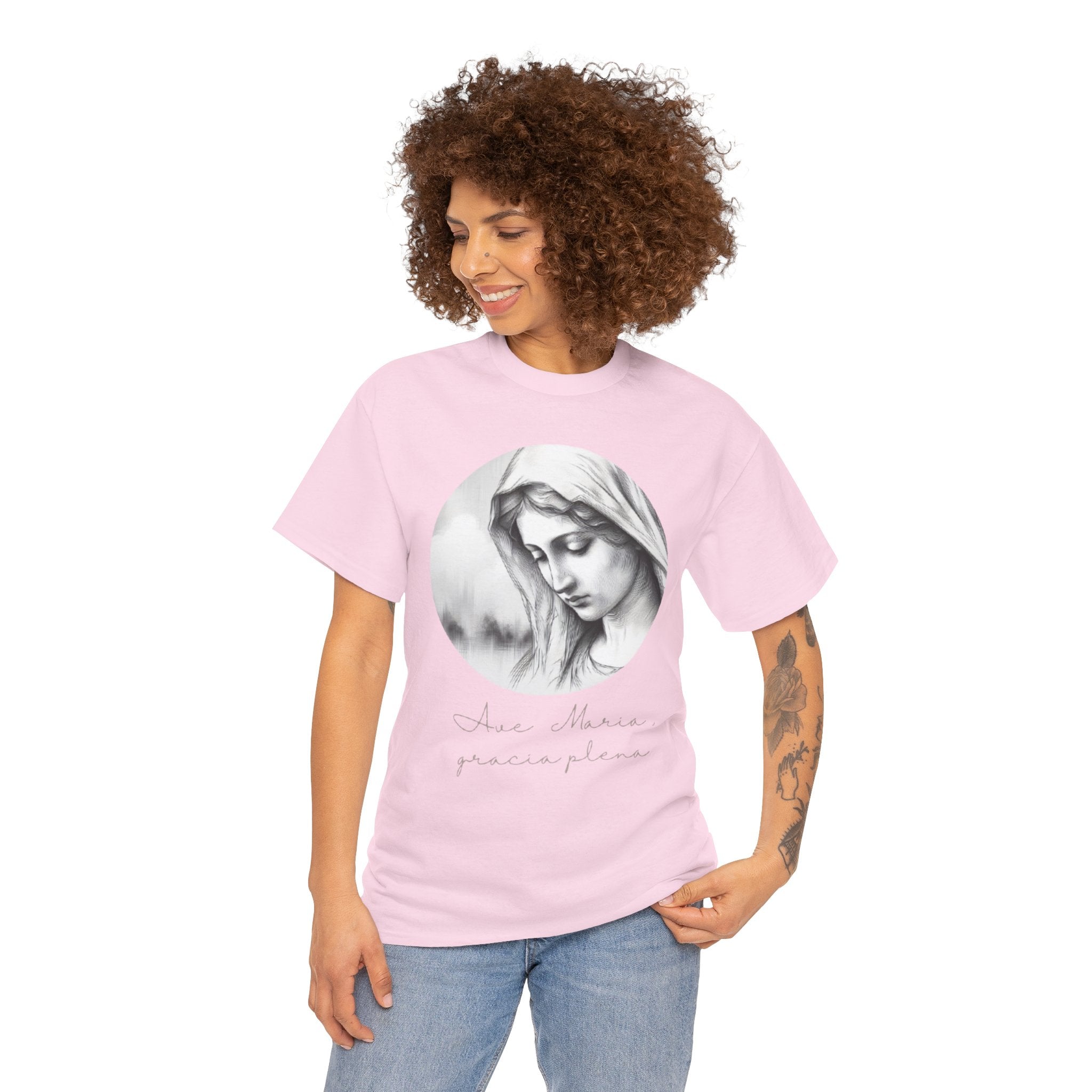 T-Shirt — Vintage Madonna Portrait Tee with 'Ave Maria' Script