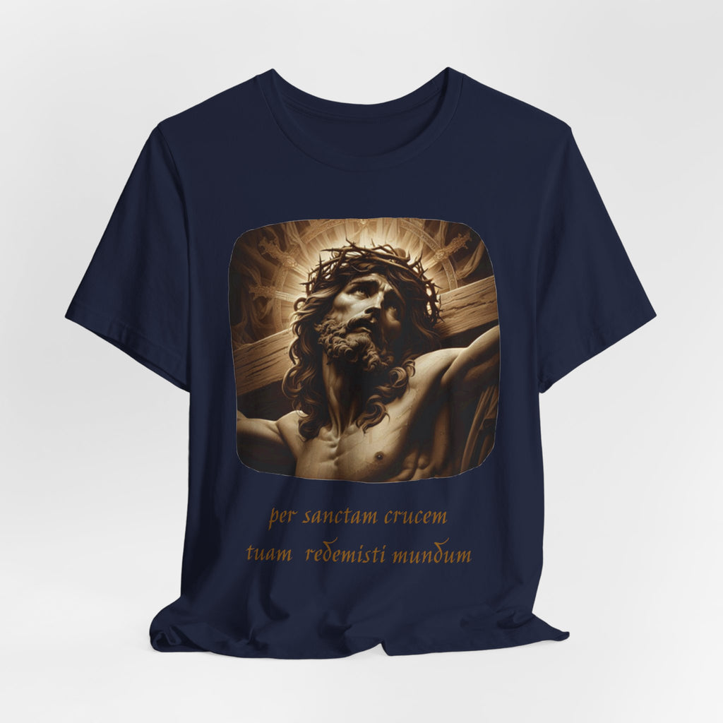 Christian Jesus Crucifixion T-Shirt — Latin "Per Sanctam Crucem" Design