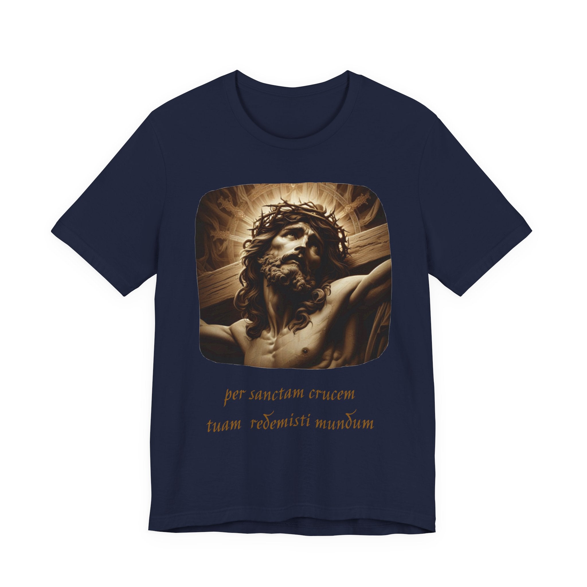 Christian Jesus Crucifixion T-Shirt — Latin "Per Sanctam Crucem" Design